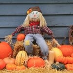 Cute scarecrow sits on bale of hay surrounded by pumpkins in front of blue-gray siding