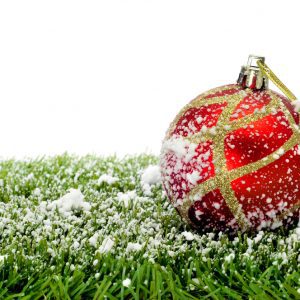 Red and gold Christmas ornament rests on fake grass with fake snow on top